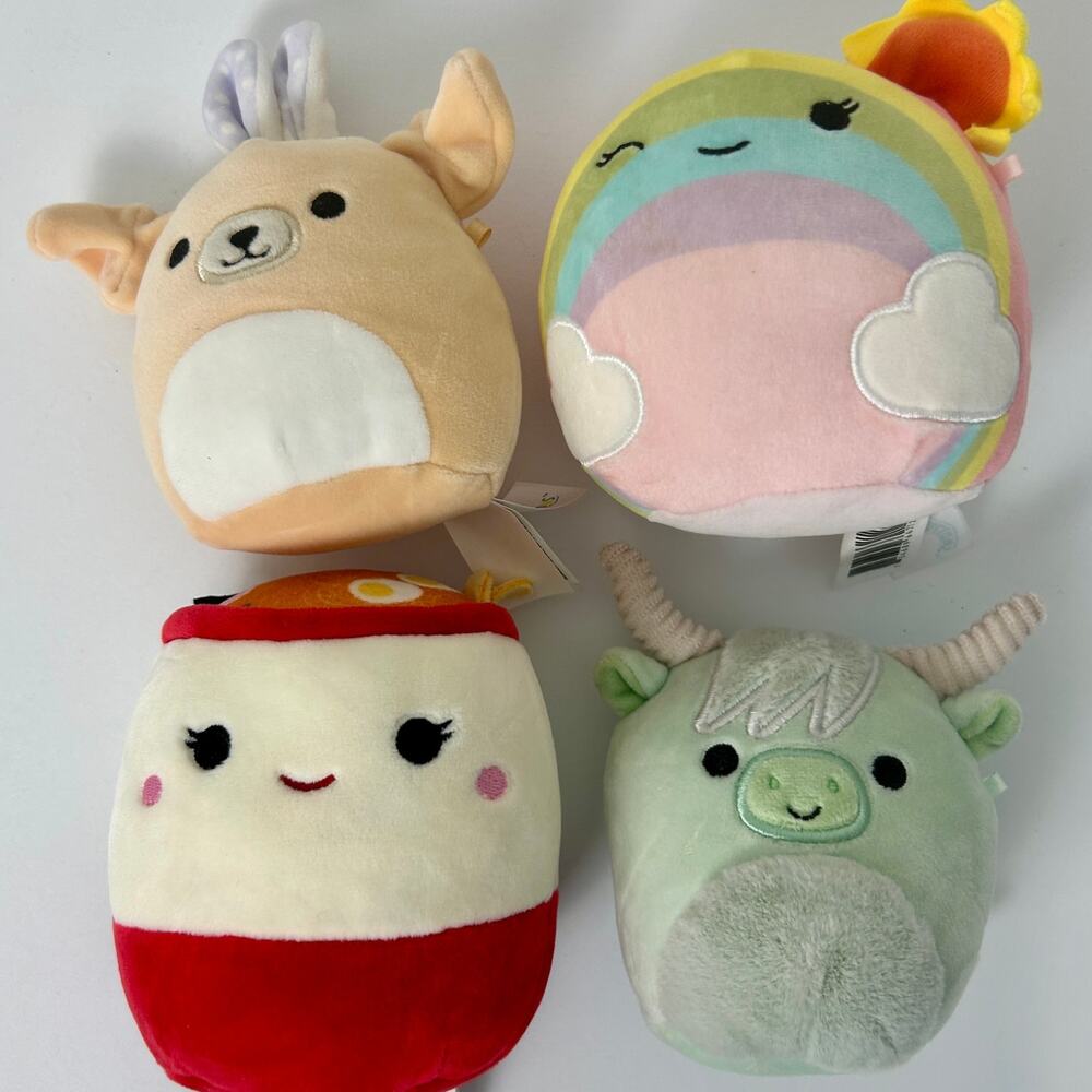 Squishmallows Lot of 4 Mini Plush Bundle Ramen Cow Stevon Easter Rainbow Animals